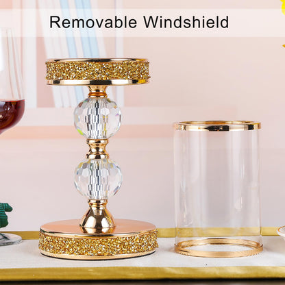 Pillar Candle Holder, 13 Inch Crystal Candlesticks for 3''X5'' Candles, Dining Coffee Table Decor, Wedding, Events, Parties - Glass and Gold Finish