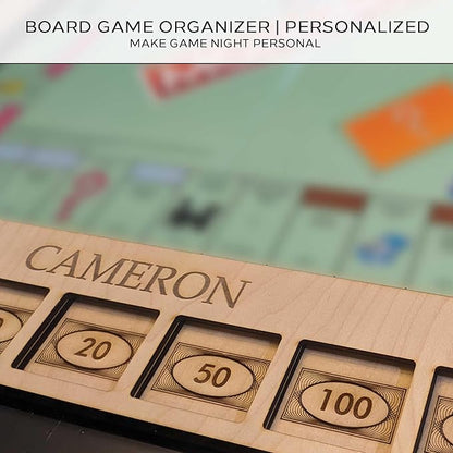 Personalized Board Organizer Custom Frame Compatible with Monopoly and Game Pieces | Economic Themed Organizer | 4 Sides and 4 Corners