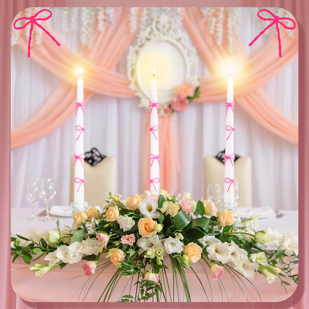Conelist 12 Set Pink Bow Taper Candles Coquette Birthday Decoration Candles White Candlesticks with Wax Stick for Bridal Shower Wedding Dinner Decorations for Birthday Anniversary Party