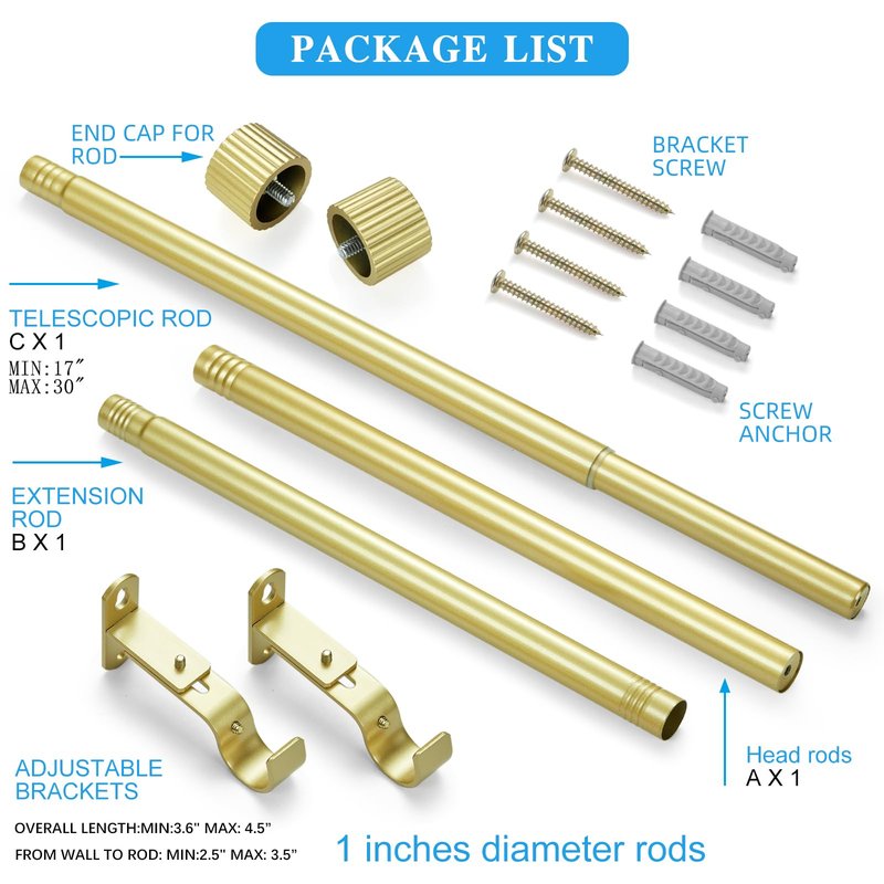 AMZSEVEN Curtain Rods for Windows, Drapery Rod 1 inch Diameter, Curtain Rod with Cylindrical Finials (White, 16" to 48" - 1'' rod)
