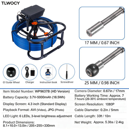 Sewer Camera 33FT,4.3" HD Screen 1080P DVR/16GB,17mm Endoscope Borescope Camera with 6 LED Light,5000mAh Battery,Supports Photo & Video Drain Pipe Camera for Plumbers (33FT/10M)