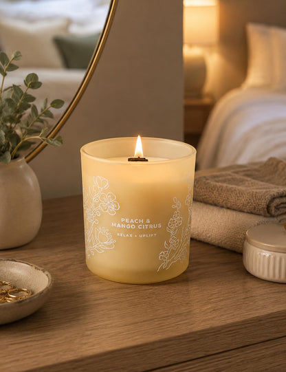 Peach Mango Citrus Candle, 10.6oz Wood Wick Soy Scented Candles for Home, Juicy Tropical Scent, Highly Scented Aromatherapy Relaxation Candle, Summer Gift for Women & Men