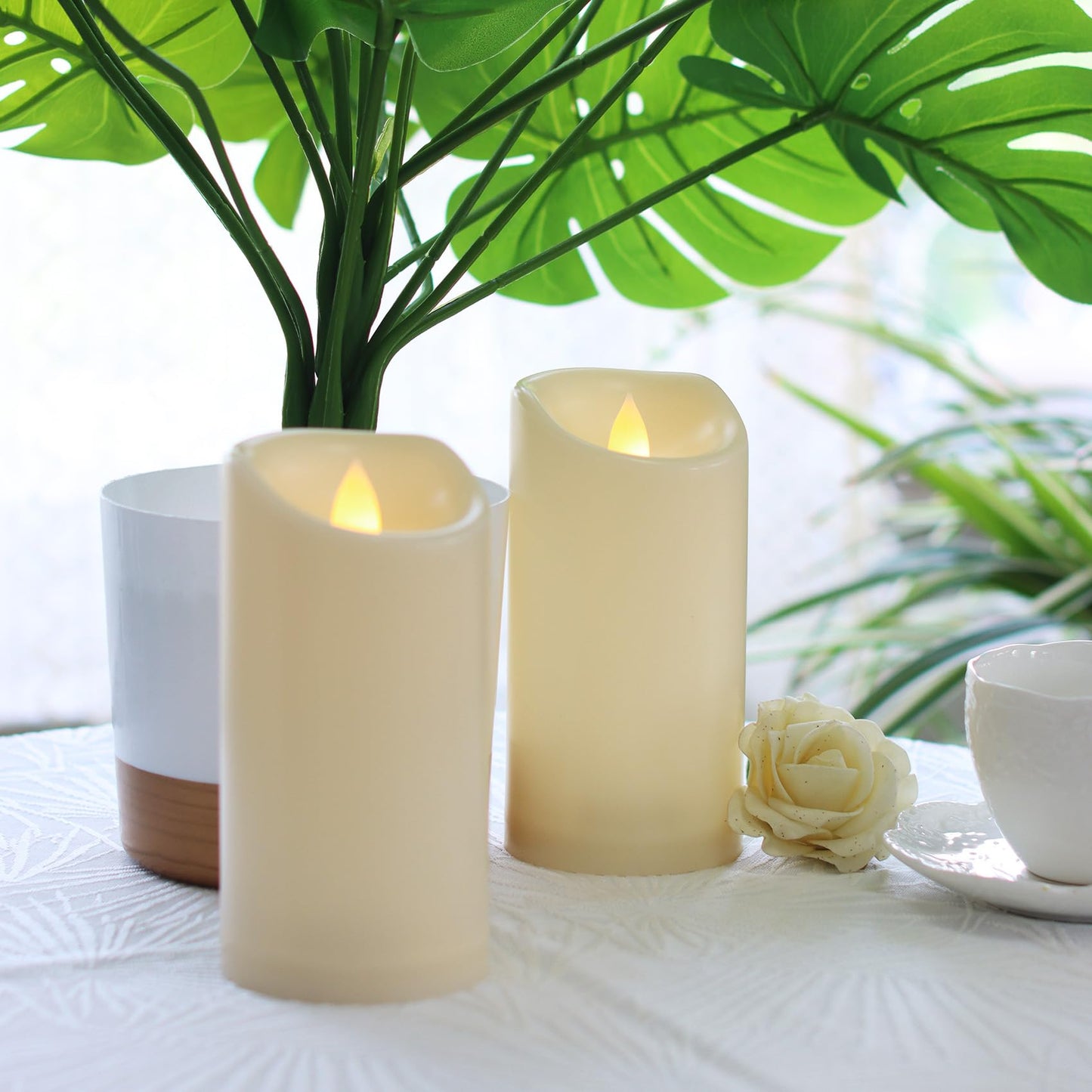 2 Pack Outdoor Battery Operated Candles with Timer (3x5 Inch) Waterproof Flameless Flickering Pillar Candles Plastic LED Fake Candle for Halloween Christmas Decoration Outside Lantern Festival Decor