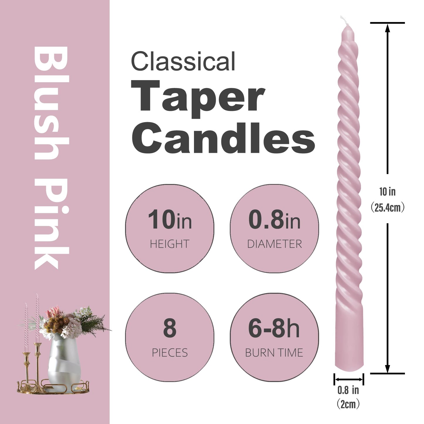 10 Inch 8 Pack Blush Pink Spiral Taper Candles for Dinner Home Decor Wedding Shower Christmas Candlesticks, Baby Shower, Birthday Party Candles