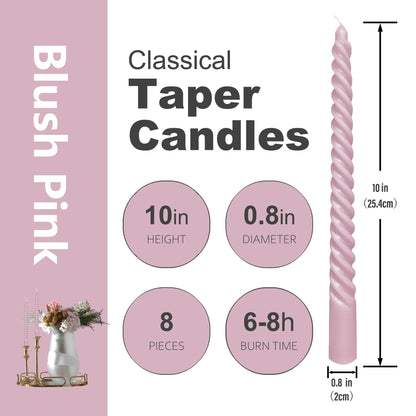 10 Inch 8 Pack Blush Pink Spiral Taper Candles for Dinner Home Decor Wedding Shower Christmas Candlesticks, Baby Shower, Birthday Party Candles