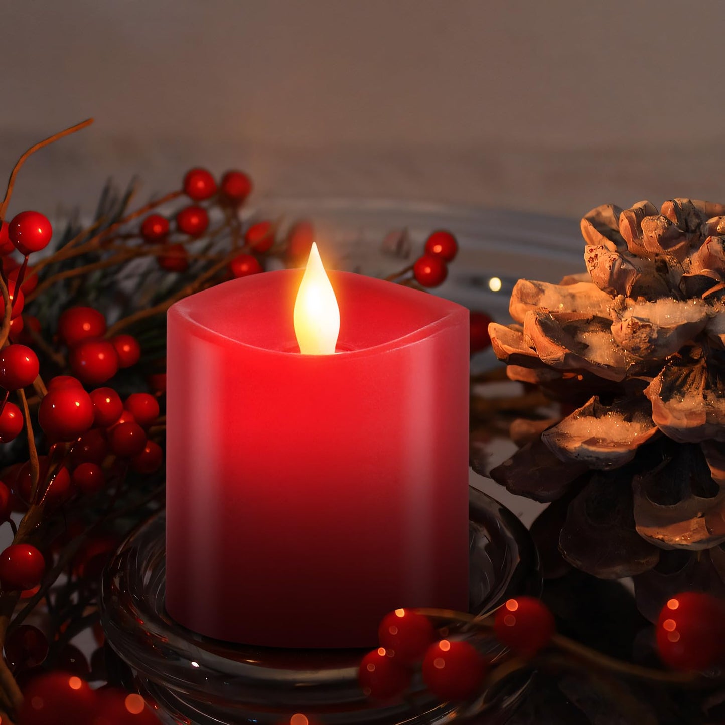 milysoek 3x3 Flickering Flameless Candles Set of 1, Real Wax Pillar LED Candles Flickering, 3 inch Flameless Candles with Remote,Battery Powered Candles, for Party/Wedding,Red