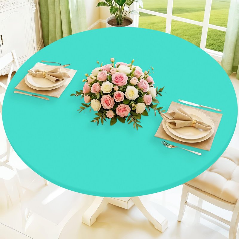 Moosfor Round Spandex Tablecloth, Elastic Fitted Waterproof Tablecloths for 31"-35" Tables, Stretch Washable Picnic Table Cover for Camping, Dining, Indoor and Outdoor,Aqua Blue