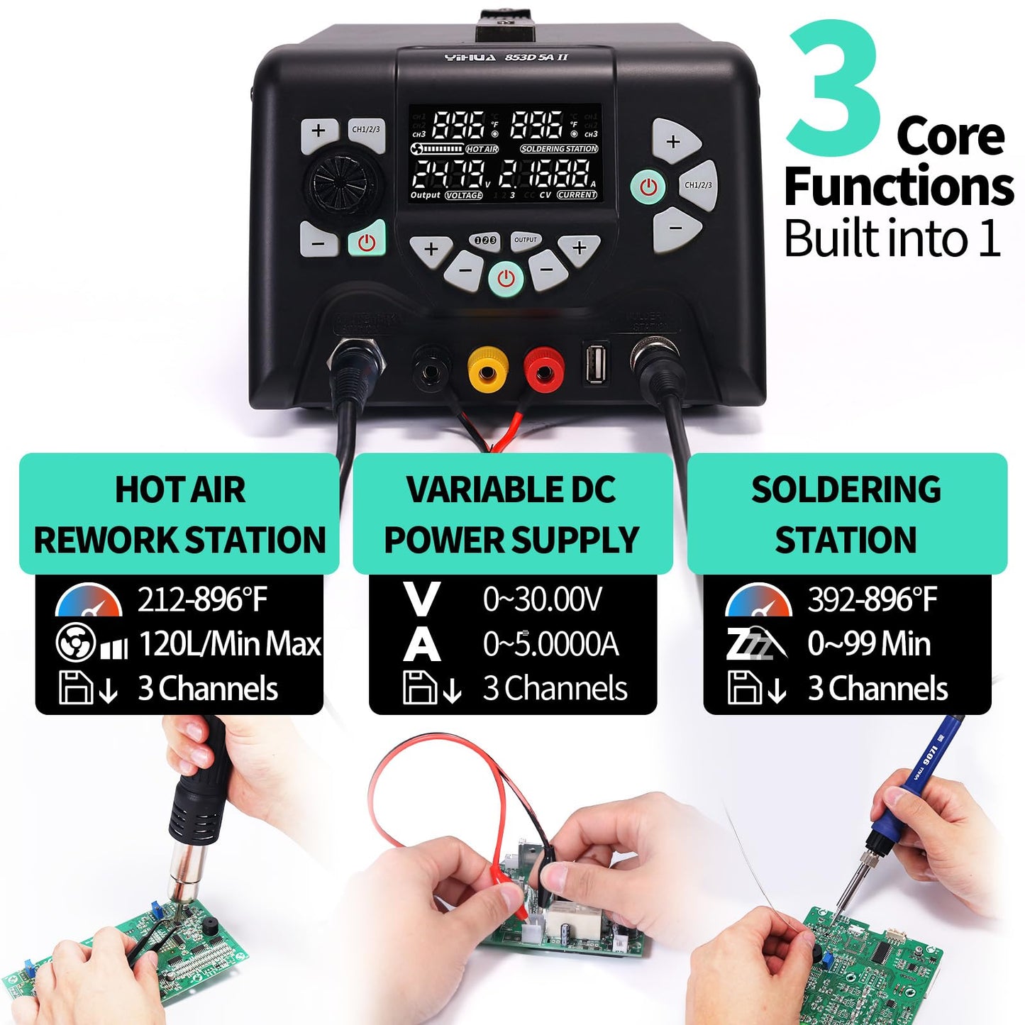 YIHUA 853D 5A-II 3 in 1 Hot Air Rework Soldering Iron Station and DC Power Supply 30V 5A -°F /°C Multiple Functions