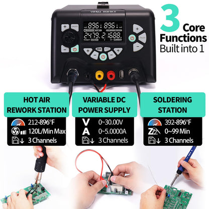 YIHUA 853D 5A-II 3 in 1 Hot Air Rework Soldering Iron Station and DC Power Supply 30V 5A -°F /°C Multiple Functions