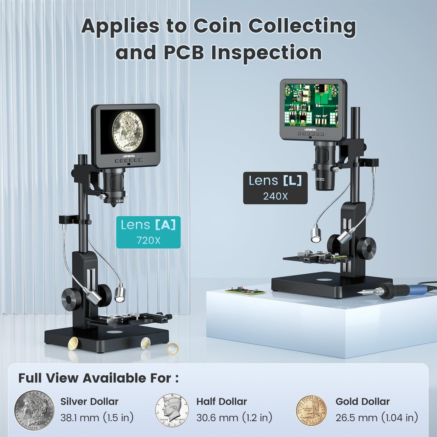 LM266S 5 Lens 7" HDMI Digital Microscope 5000X for Adults, Lab Digital Biological Microscope with Screen for Slides, Mechanical X-Y Stage, UHD 2160P Video, LCD Full View Coin Camera, PC View, 32GB