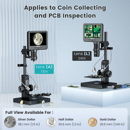 LM266S 5 Lens 7" HDMI Digital Microscope 5000X for Adults, Lab Digital Biological Microscope with Screen for Slides, Mechanical X-Y Stage, UHD 2160P Video, LCD Full View Coin Camera, PC View, 32GB