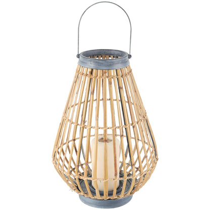 Deco 79 Bamboo Wood Handmade Open Framed Candle Lantern with Blue Metal Accents and Handle, 11" x 11" x 16", Brown