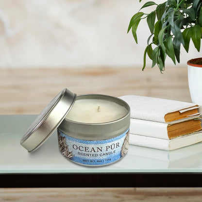 Greenwich Bay Hand-Poured Scented Candle in Decorative Tin – 4 oz/114 g Travel Candle with Lead-Free Wick, Vegetable Wax, Long-Burning Aromatherapy Gift, Single Wick – Made in USA (Ocean Pur)