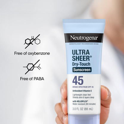 Neutrogena Ultra Sheer Dry-Touch Sunscreen For Face & Body, SPF 45 Broad Spectrum UVA/UVB Protection, Lightweight Water Resistant & Non-Greasy, Travel Size Sunscreen, 3 fl. oz 2 pack