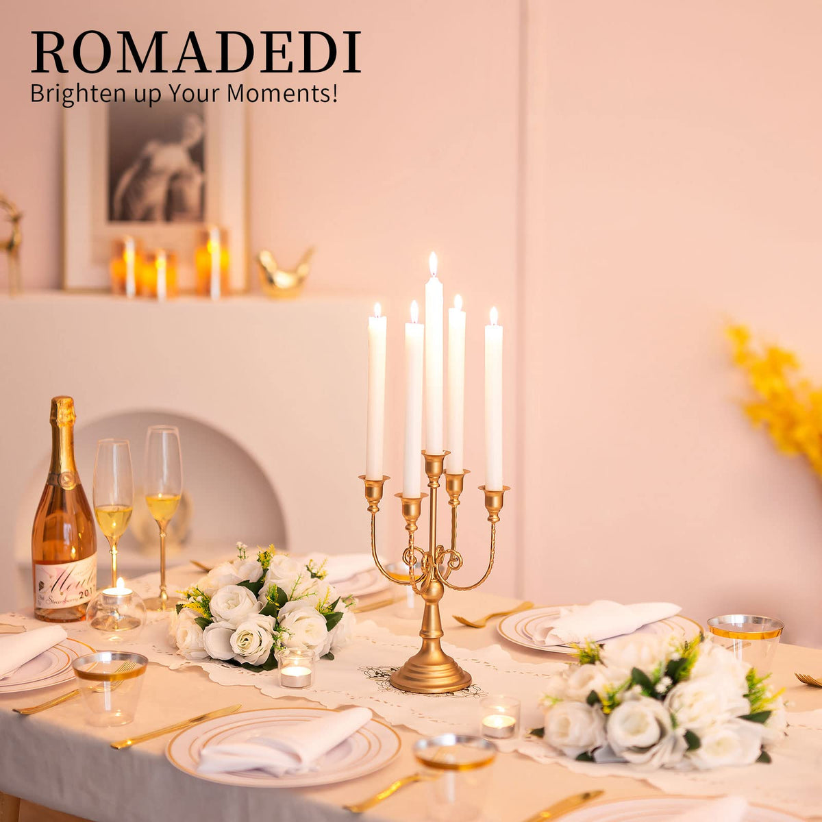 Romadedi Candelabra Gold Candle Holders - 5 Arm 11.8" Wedding Candlestick Holder for Theme Party Table Centerpiece Decor Dining Room Birthday Holiday Christmas, Set of 2