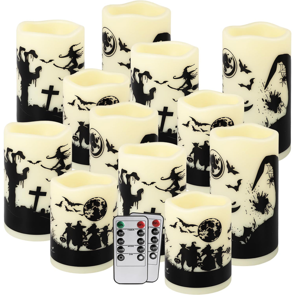 fclayvts 12-Pack Halloween LED Flameless Pillar Candles - Battery Operated with Remote & Timer, Flickering Warm Light, Witch/Bats/Castle Decals - Spooky Halloween Decor, Ghost Party Supplies, Gifts