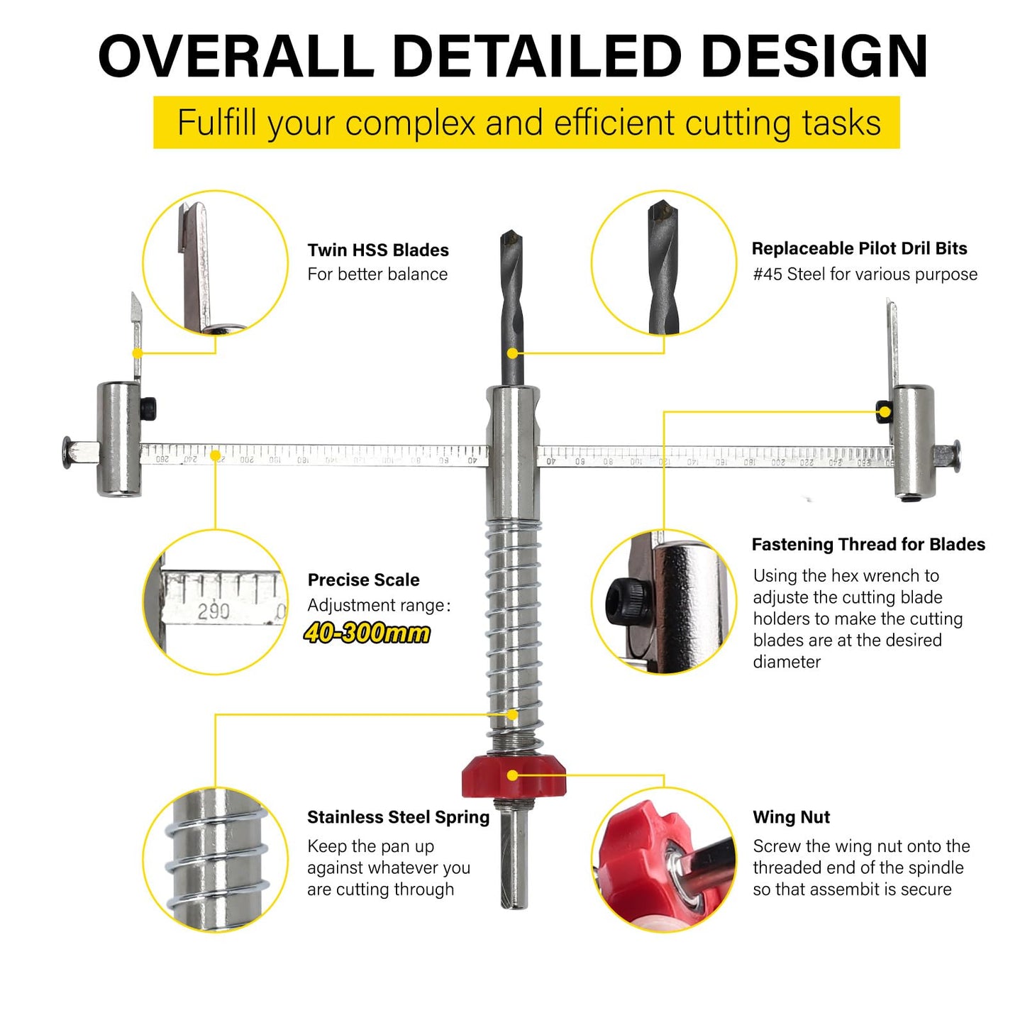 Toolly Adjustable Hole Saw Cutter Kit 1-5/8" to 11-13/16" (40-300mm) Holes Twin Blade Recessed Hole Saw with ABS Dust Shield for Making recessed Lights, Speaker Holes or Ventilation