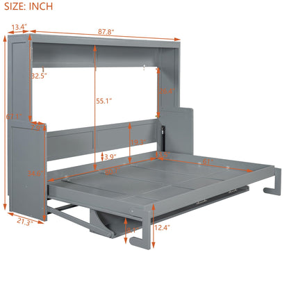 Merax Murphy Bed Queen Size with Desk, Wood Folding Wall Bedframe with Smooth Hydraulic Lift, for Small Bedroom, Guest Room, Home Office, Grey