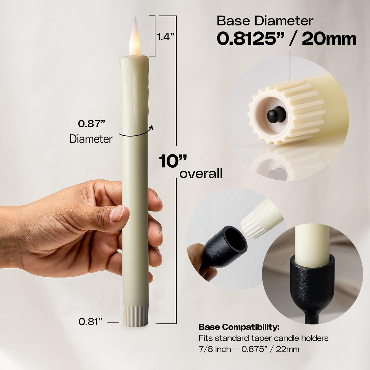 WYZworks 24 Pack, 10" LED Flameless Ivory Real Wax Drip Taper Pillar Candles w/Remote Controller, On/Off Button, Dimmable, Flicker/Static Mode, Battery Operated, Christmas Menorah Home Wedding Décor
