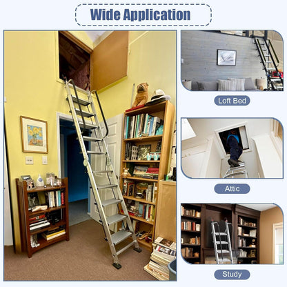 Foldable Aluminum Loft Stairs Ladder 8.5ft / 9ft / 9.5ft / 10.5ft / 11.5ft, Heavy Duty Bunk Bed ladders with Handrails ＆ Hooks, 10 Step Attic Ladder for Small Opening, Load 330 lbs