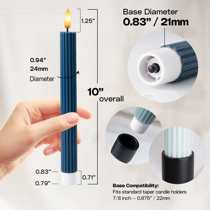 WYZworks Coordinated Blue Dawn Overcast Blues 4 Pack, 10" Real Wax LED Flameless Fluted Ribbed Grooved Taper Candles, Remote & Timer Memory, On/Off Button, Dimmable, Battery Operated, Menorah Wedding