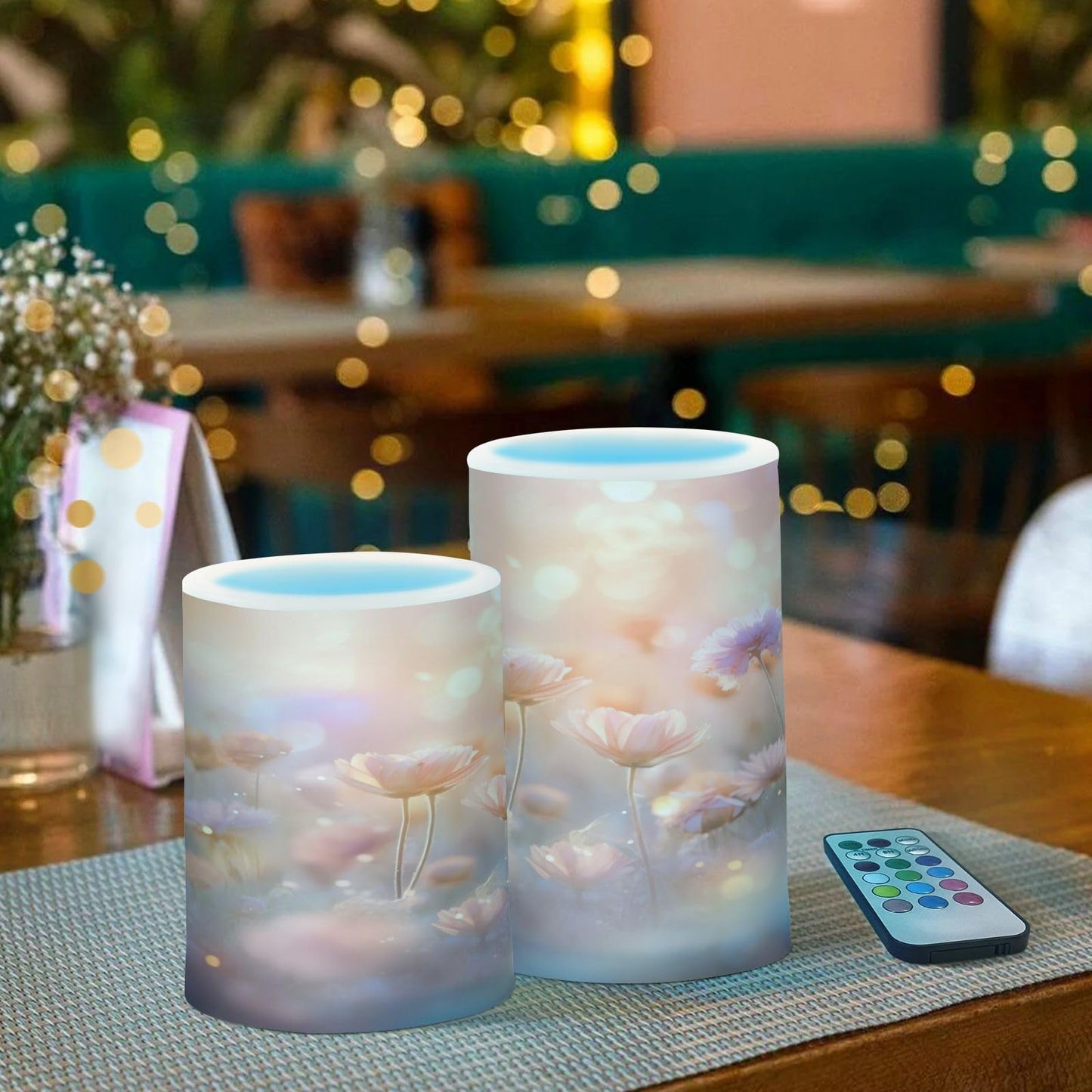 ALAZA Spring Blooming Flowers (2) Flickering Flameless Candles Battery Operated with Remote Timer,Tea Light Candles LED Pillar Votive Candles Set of 2 for Outdoor Indoor Decorations