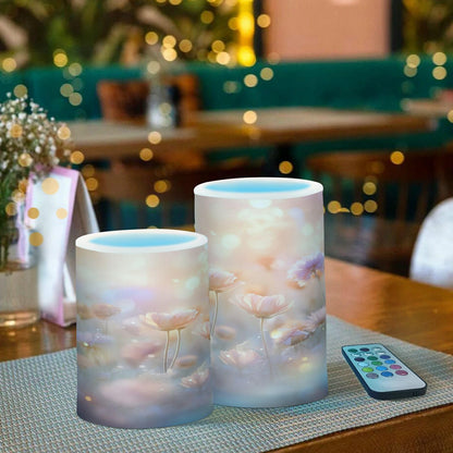ALAZA Spring Blooming Flowers (2) Flickering Flameless Candles Battery Operated with Remote Timer,Tea Light Candles LED Pillar Votive Candles Set of 2 for Outdoor Indoor Decorations
