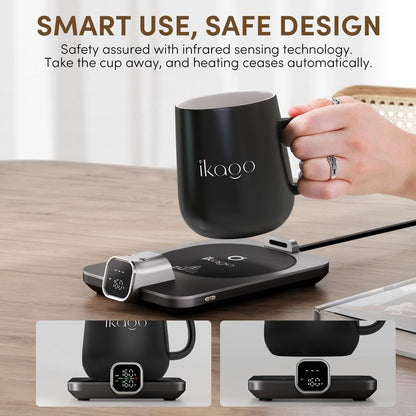 Coffee Mug Warmer & iKago Mug Set, Accurate Temperature Control Smart Heated Mug for Desk, Electric Coffee Warmer with Auto Shut Off & Real-Time Temp Display, Gifts for Men Women, 15oz Ceramic Mug