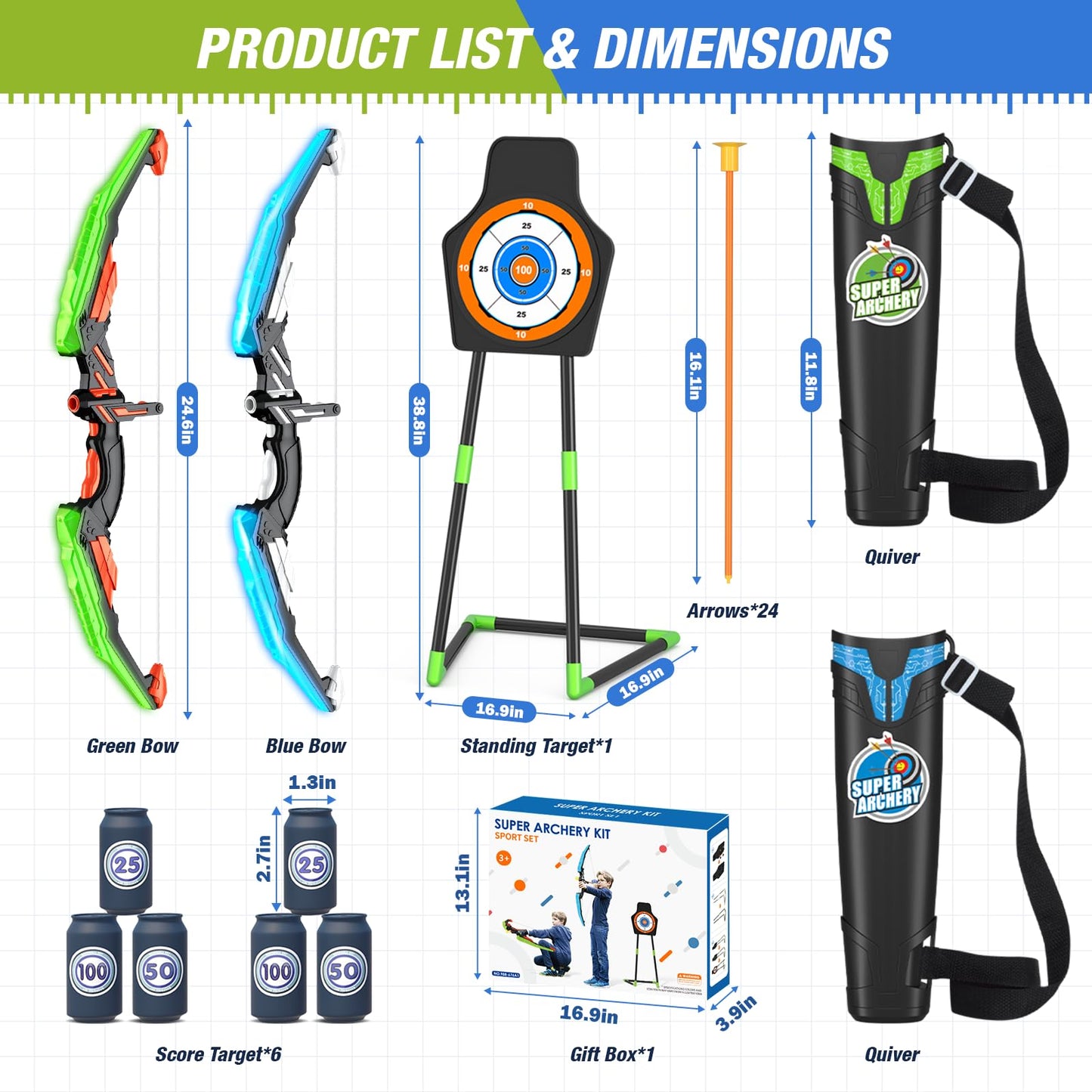 HYES 2 Pack Bow and Arrow for Kids, LED Light Up Archery Set with 24 Suction Cup Arrows, 1 Standing Target, 6 Score Targets & 2 Quiver, Indoor Outdoor Sport Gifts for Boys Girls Ages 4-8