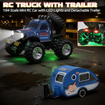 Snugzy Mini RC Car 1:64 Scale RC Truck for Kids with Trailer 2.4Ghz Remote Control Rechargeable RC Cars Toy Gifts for Boys Girls Adult (Blue)