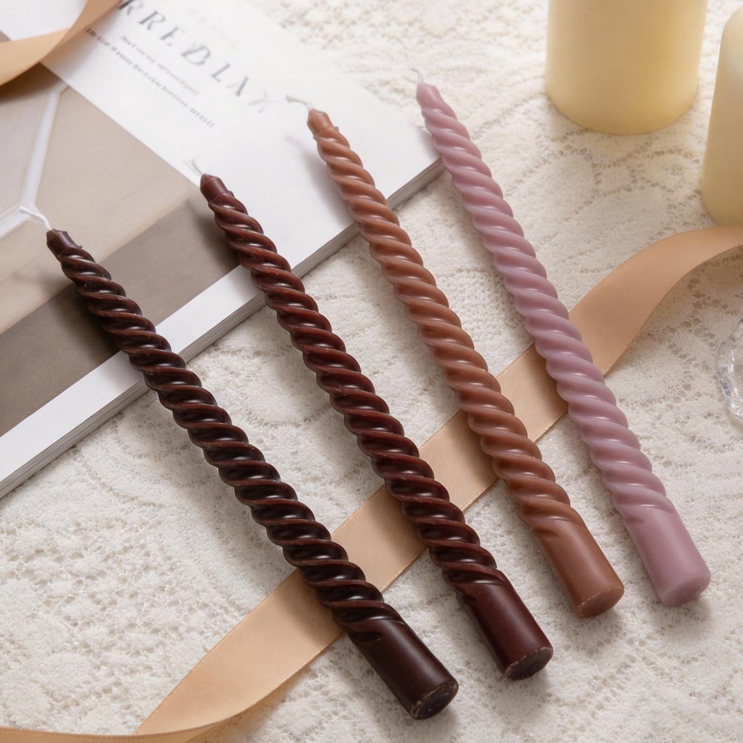 Coffee Spiral Taper Candles, 10 inch Gradient Twisted Candles,4 Pack Unscented and Smokeless Long Burning Candles with Cotton Wicks,Tall Candlesticks,Ideal for Weddings, Dinner Parties, and Home Décor