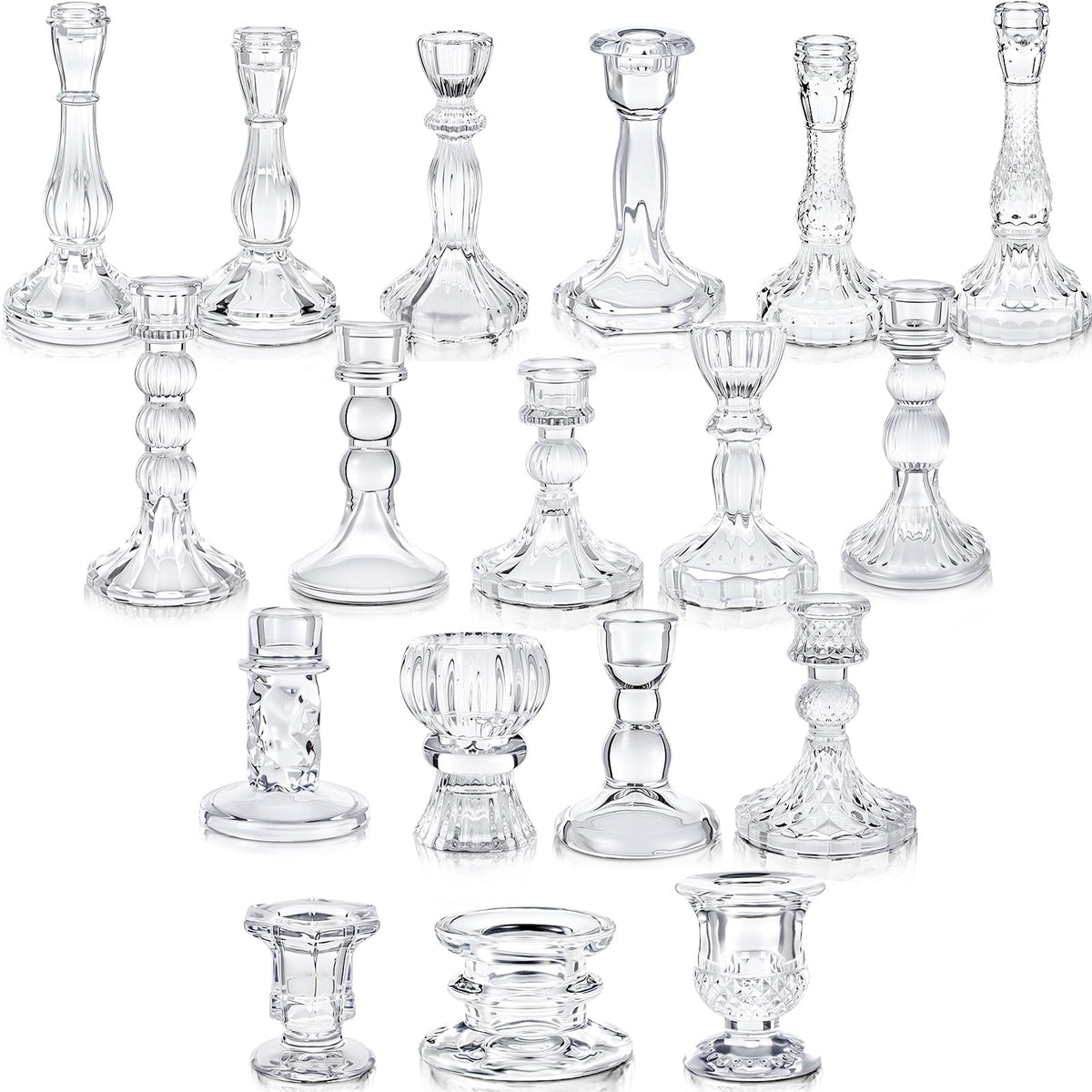 Mumufy 18 Pcs Glass Crystal Taper Candle Holders Clear Glass Candlestick Holder Fit 0.8 Inch Candles Crystal Decorative Candlestick Stand Centerpiece for Table Wedding Dining Party