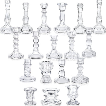 Mumufy 18 Pcs Glass Crystal Taper Candle Holders Clear Glass Candlestick Holder Fit 0.8 Inch Candles Crystal Decorative Candlestick Stand Centerpiece for Table Wedding Dining Party