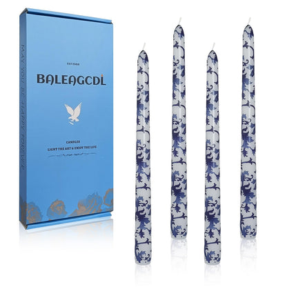 Unscented Floral Taper Candle Spiral Candlesticks - Set of 4 Handmade Blue and White 10 Inch Long Candle Sticks Print Tapered Candles for Home Wedding Dinner Gifts