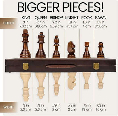 15 Magnetic Wooden Chess Set - Folding Portable Travel Chess Board - Hand Carved Pieces - Foam Storage Slots - 2 Extra Queens - Tournament and Beginner Play - Adults and Kids