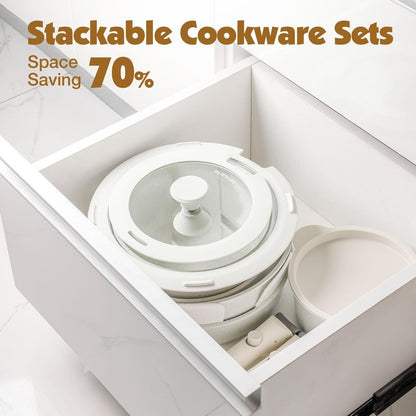 SENSARTE 13 Piece Pots and Pans Set, Nonstick Detachable Handle Cookware, Induction Kitchen Cookware Set with Removable Handle, Healthy Non Stick for RV, Dishwasher ＆ Oven Safe (White)