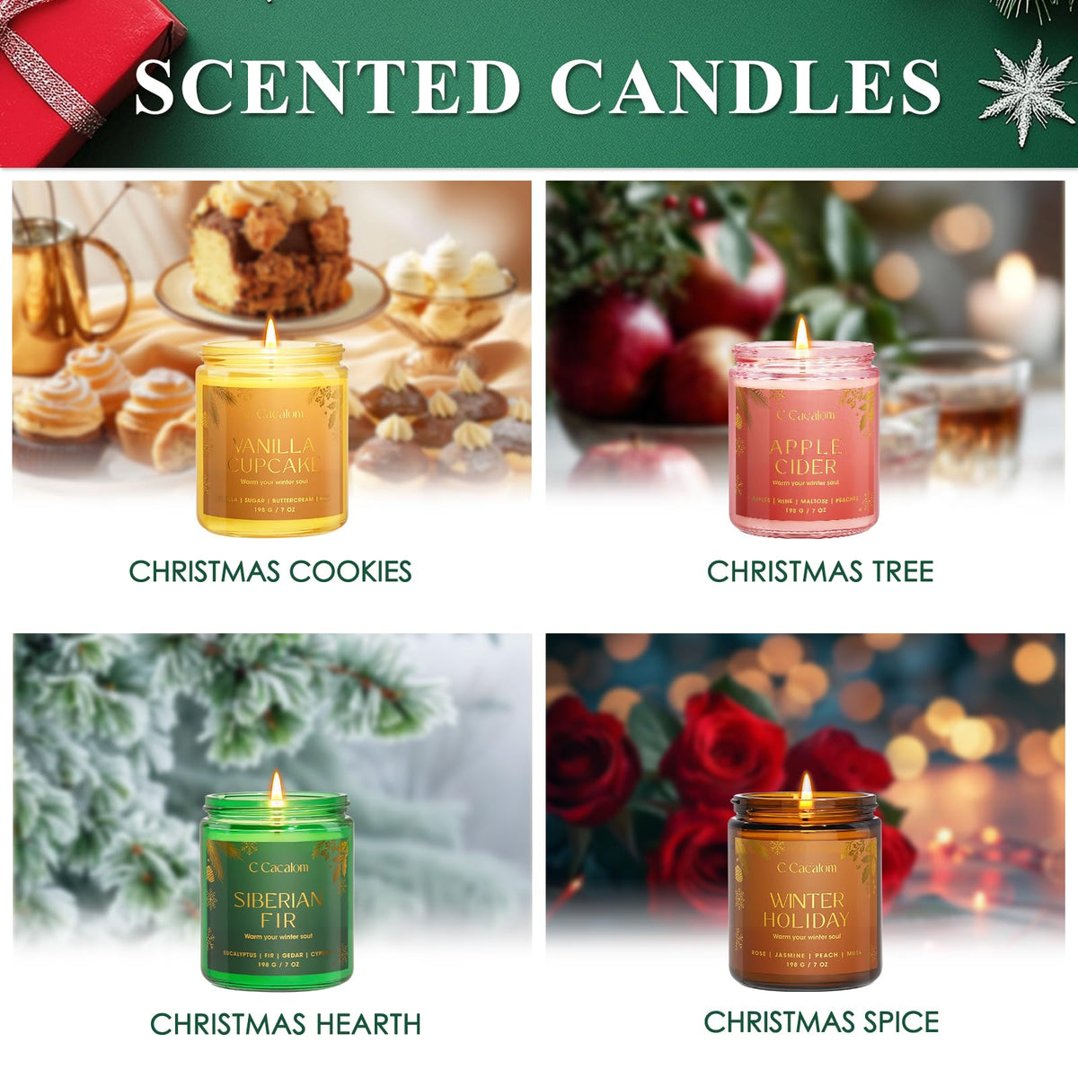 Winter Scented Candles, Holiday Candles for Home, Aromatherapy Soy Candles Gifts Set for Women Men, Vanilla/Fir/Apple Cider/Winter Holiday