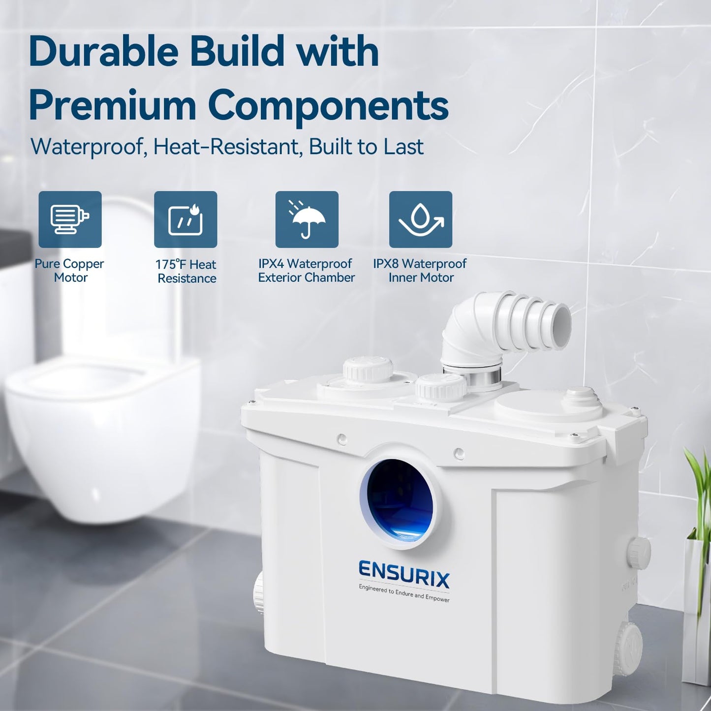 Ensurix 1200W Macerator Pump – 2800GPH, 28FT Vertical Lift Toilet Water Pump with Anti-Backflow, PCB Smart Control, IPX4 Waterproof, Macerator Pump Basement for Toilet, Sink, Bathroom etc.