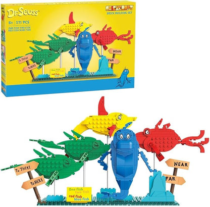 Brickcraft Officially Licensed Dr. Seuss One Fish Two Fish Red Fish Blue Fish with Fish Figures and Signage Included 571 Pieces Multicolored Brick Building Set