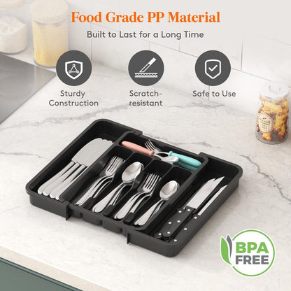 Lifewit Silverware Drawer Organizer, Expandable Utensil Tray for Kitchen, BPA Free Flatware and Cutlery Holder, Adjustable Plastic Storage for Spoons Forks Knives, 8.9-14.7 x 12.2", Gray