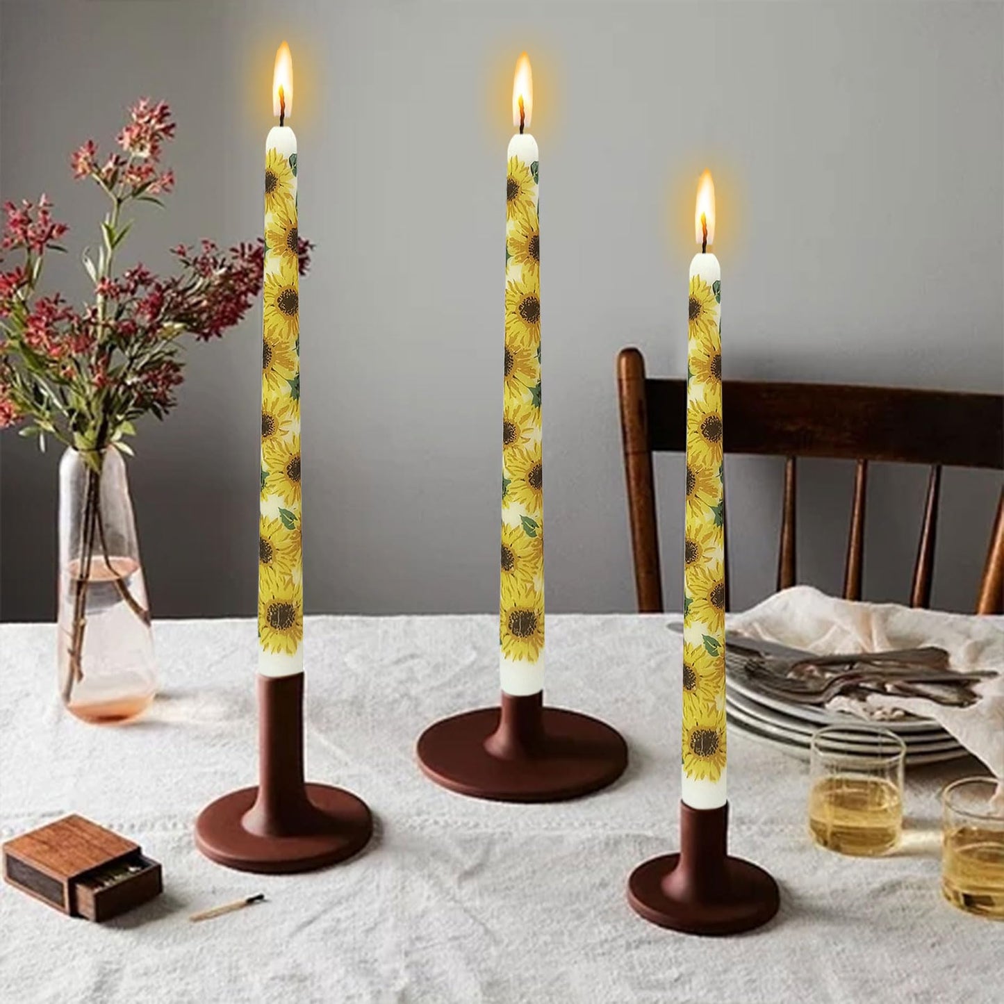 NJAO HOO Floral Candlesticks 10 in Straight Taper Candles Hand Printing Sunflower Candlesticks Floral Tall Tapered Candle for Home Garden Decor Simple Modern, 2Pcs