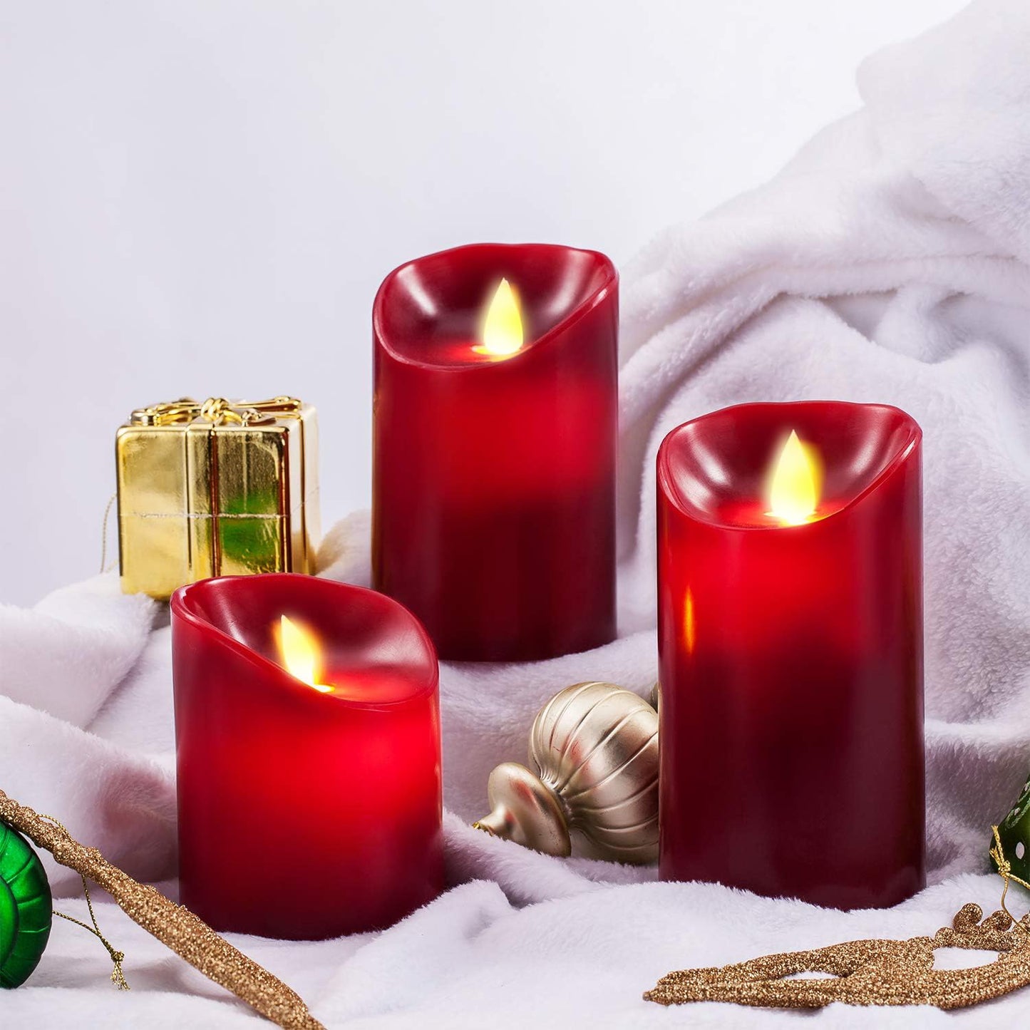 Enpornk Flameless LED 4/5/6-Inch Drip-Less Wax Pillar Candles - Real Wax & Real Flickering Candle Motion - with Remote 24-Hour Timer Function,Burgundy Color,Sets of 3