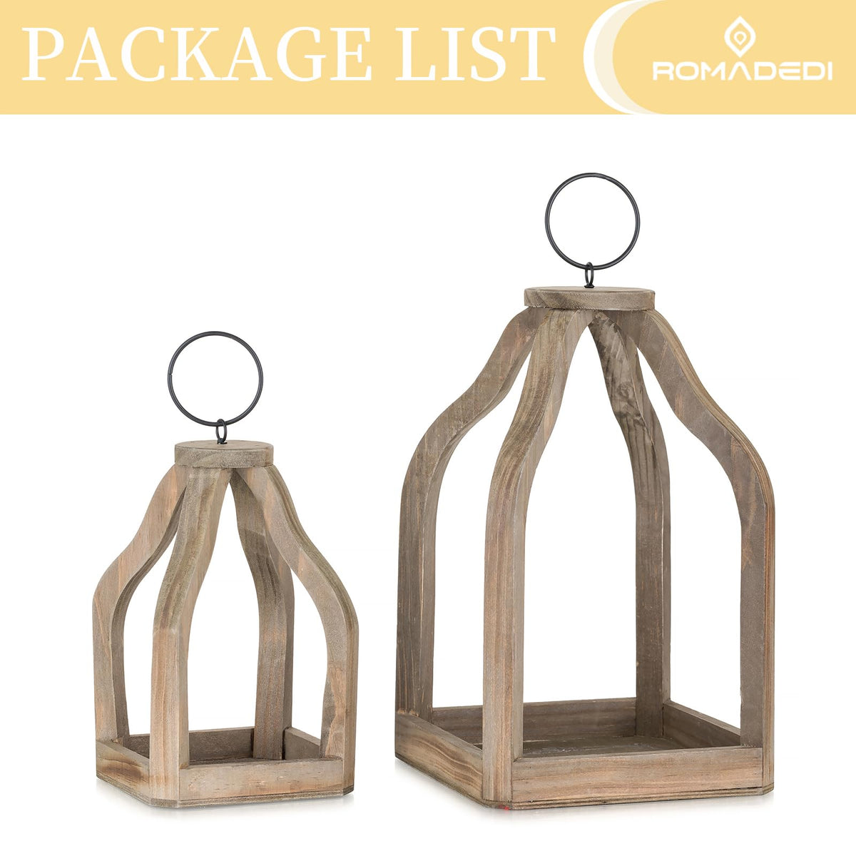 Romadedi Farmhouse Decorative Lantern Wooden - Set of 2 Rustic Wood Lanterns Candle Holder for Wedding Table Centerpieces Indoor Outdoor Fireplace Mantle Home Decor, Brown