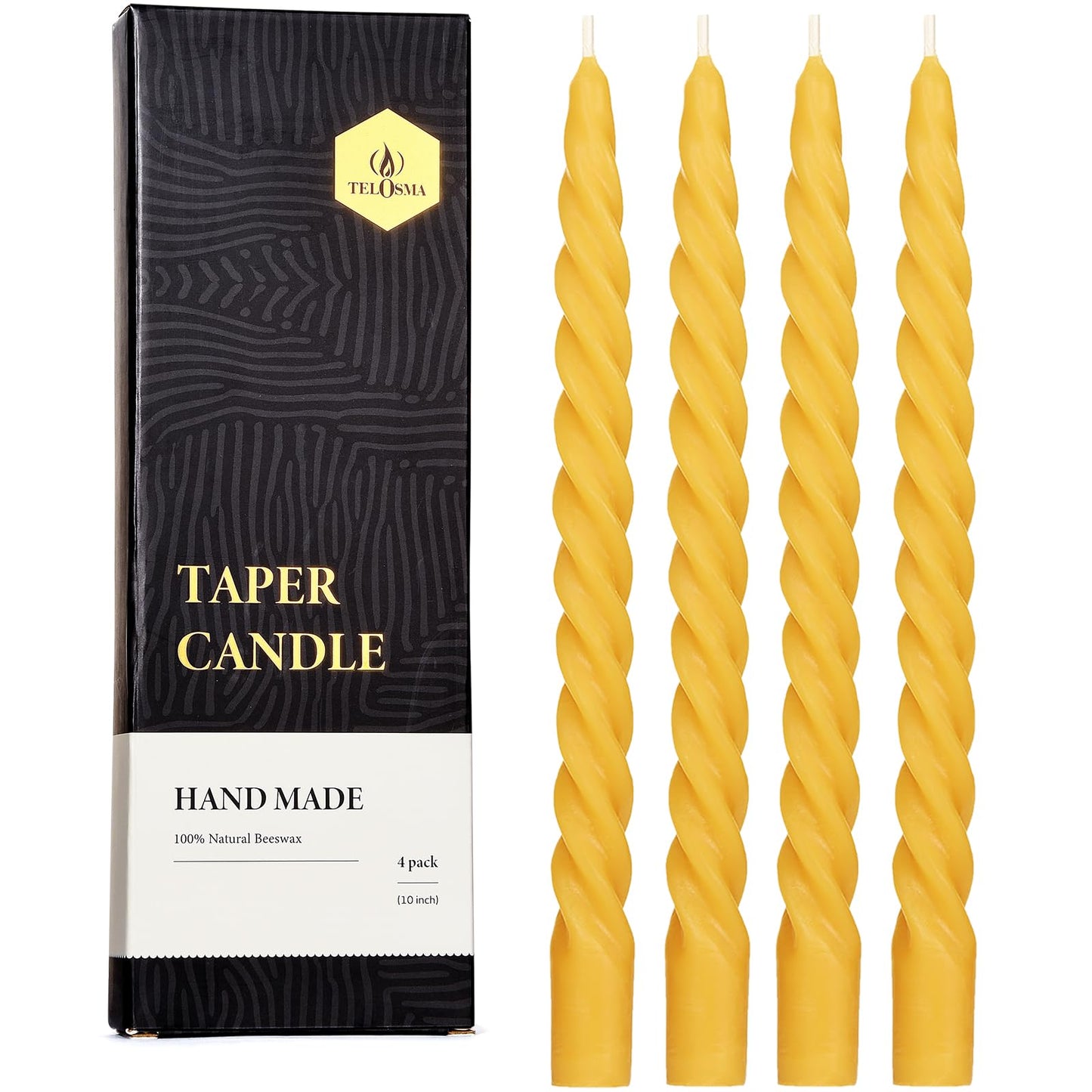 Beeswax Taper Candles Set of 4, Spiral Taper Candle Sticks Dripless Long Candle Sticks for Dinner Wedding Party Christmas Home Decorations - 10 Inch Tall - Yellow