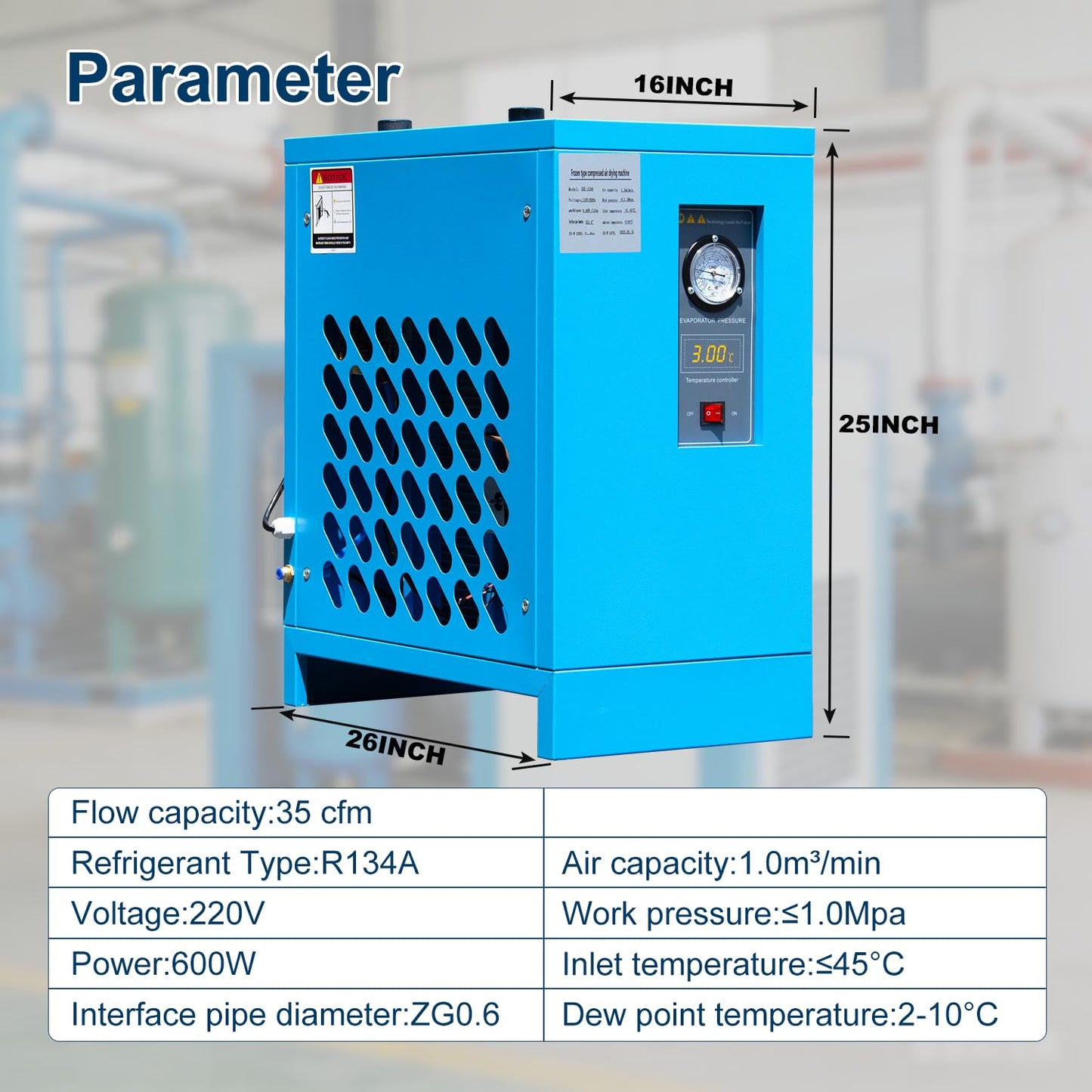 HPDAVV Industrial Refrigerated Air Dryer with R134a Cooling System for Air Compressors – 35 CFM, 0.58 KW, 110V/60Hz – Removes Moisture, Oil, Contaminants – Ideal for Workshop, Garage, Pneumatic Tools
