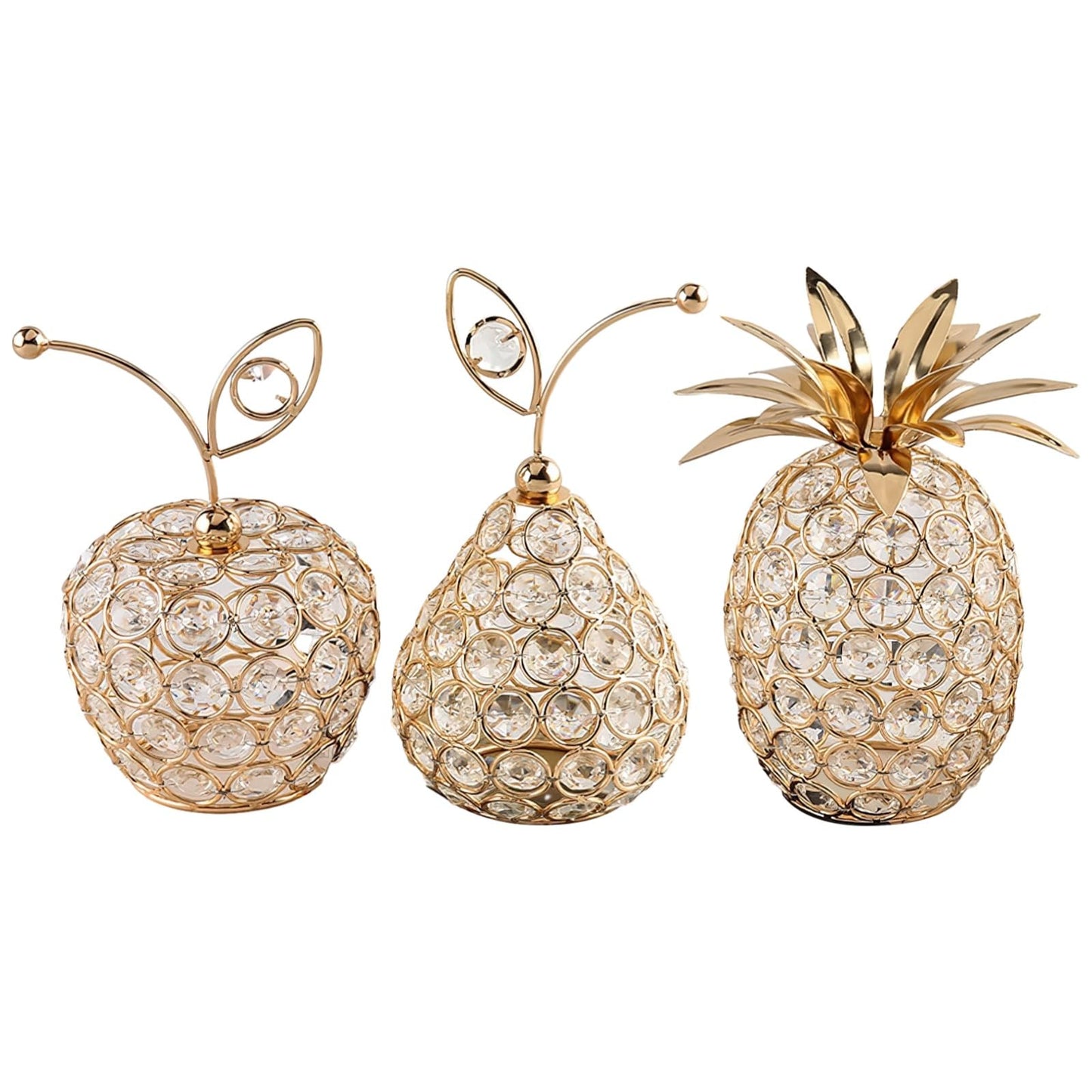 3 Pcs Golden Crystal Hollow Candlestick, Metal Crystal Table Centerpiece, Including Pineapple Pear Apple, Decorative Candlestick, Ideal for Wedding, Party, Anniversary and Home Decor