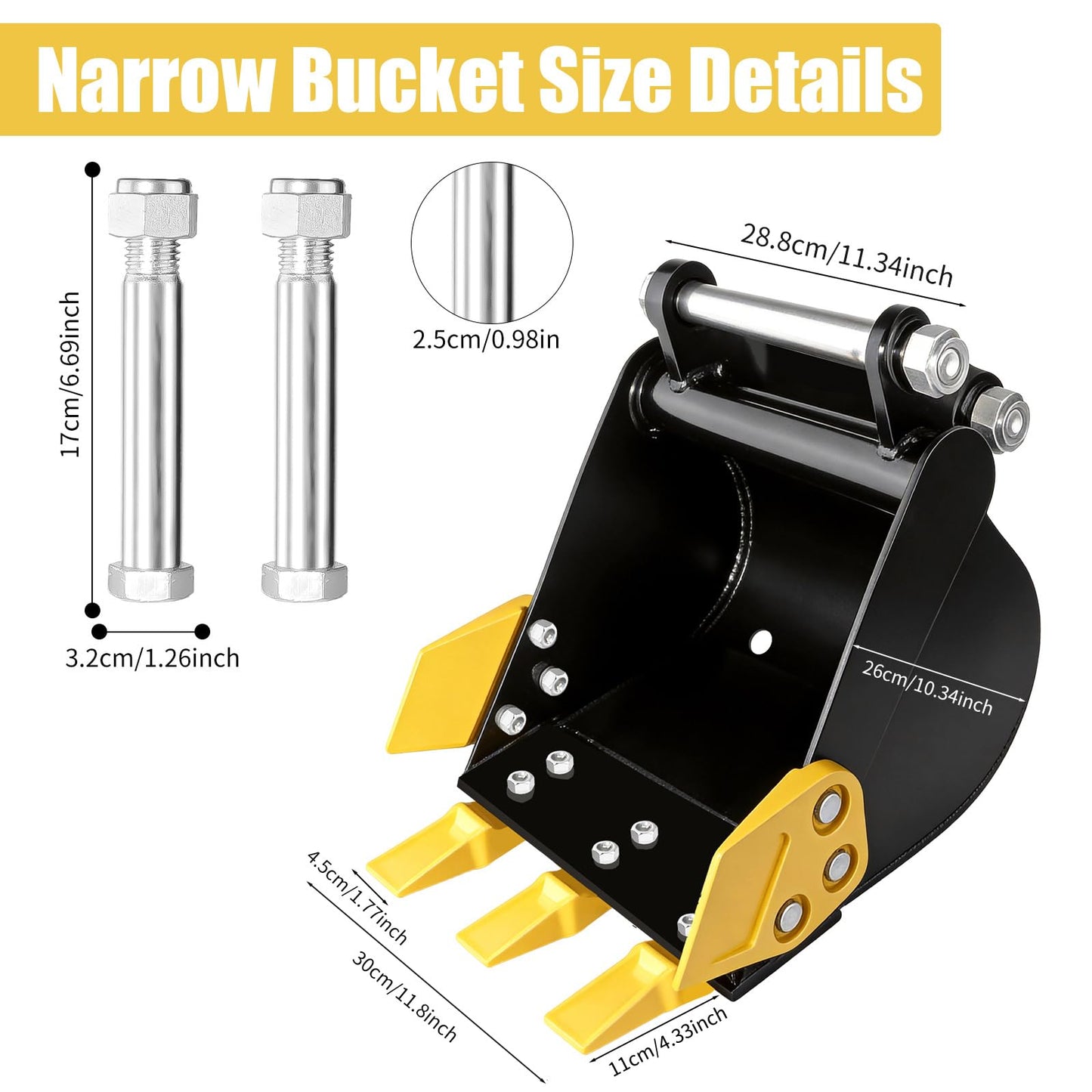 300mm Mini Excavator Bucket, 11.81in Excavator Attachments,300mm Narrow Digging Buckets with Metal Teeth Hole Diameter 0.98in, Center Wheelbase 3.54in, Metal Trenching Digger (300mm Black Yellow)