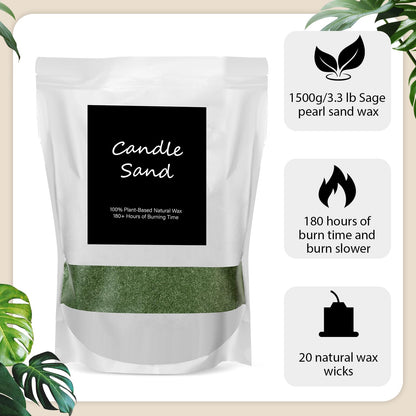 MTLEE Candle Sand 3.3 lb DIY Pearled Candle Making Kit Included 20 Pcs Wicks and Refillable Beaded Wax Sand Beaded Wax Gift with Wicks Self Extinguish for Home Wedding Party Women(Green)