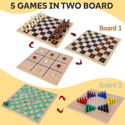 Glintoper 5-in-1 Wooden Board Game with 2 Reversible Boards for Chess Checkers Chinese Checkers Snakes and Ladders Tic Tac Toe Tabletop Combo Classic Portable Board Games for Kids to Adult