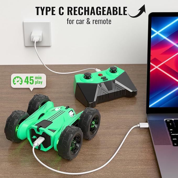 MaxTronic Fast Direct Charging Remote Control Car with LEDExclusive Dual USB-C Charging for Car &amp Controller - 2.4Ghz 15km/h 360° Flips Rotations 4WD RC Stunt Car Fully Rechargeable for Kids 3-12